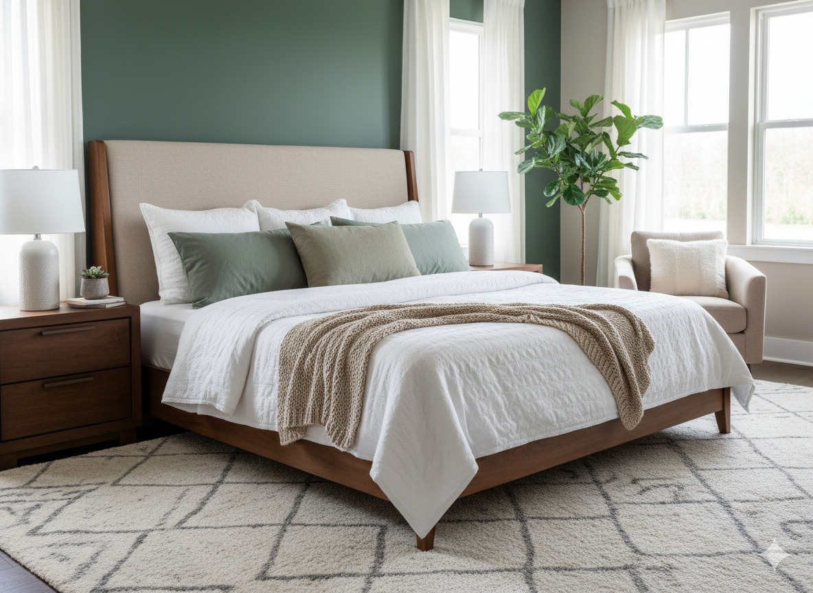 Bedroom with coordinated bedding and soft furnishings